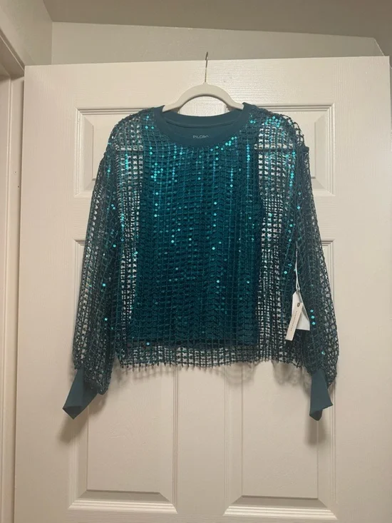 Pilcro Teal Sequin Mesh Jersey Long-Sleeve Top - Picture 6 of 16